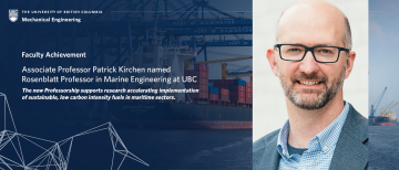 Dr. Patrick Kirchen smiles at the viewer. He has black glasses, and a short beard. Behind his image is a photo of a busy shipping harbour, with containers being loaded off a vessel by crane. This background photo is by Elijah Mears on Unsplash.