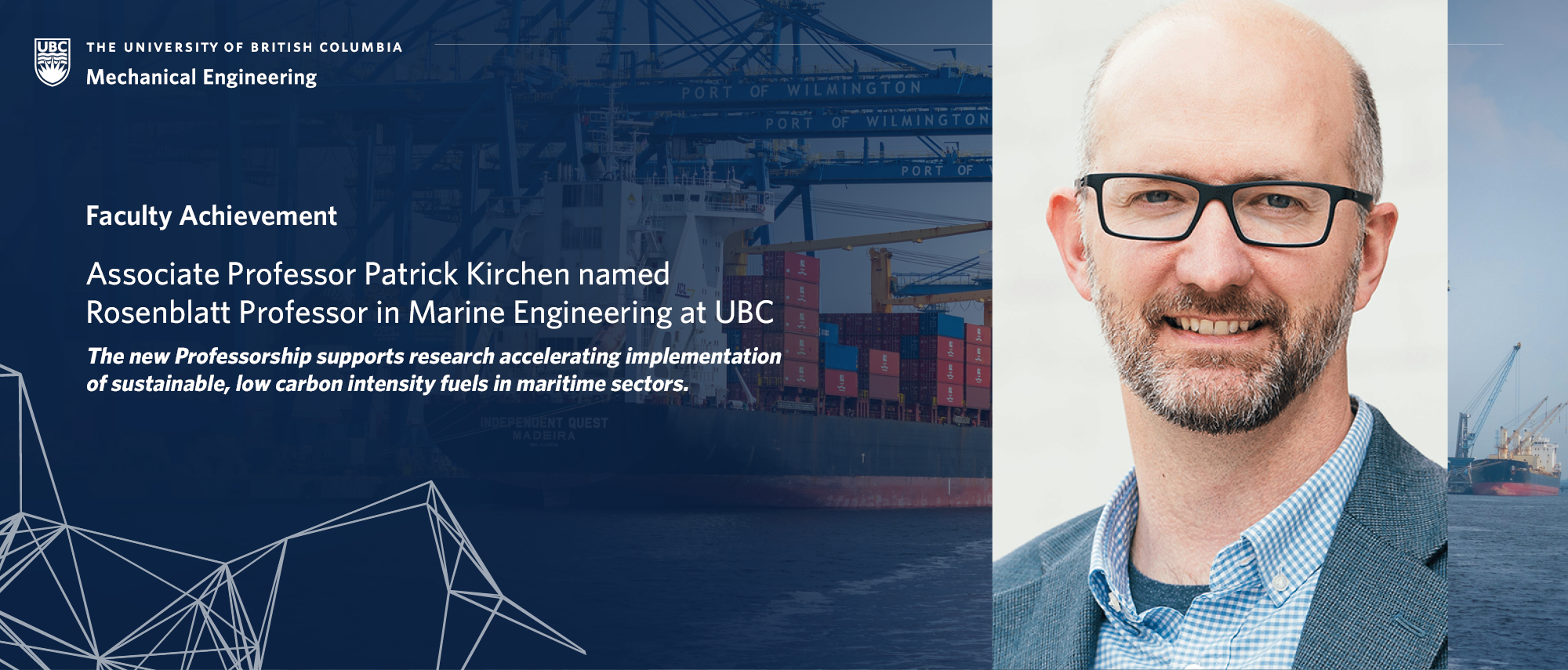 Dr. Patrick Kirchen smiles at the viewer. He has black glasses, and a short beard. Behind his image is a photo of a busy shipping harbour, with containers being loaded off a vessel by crane. This background photo is by Elijah Mears on Unsplash.