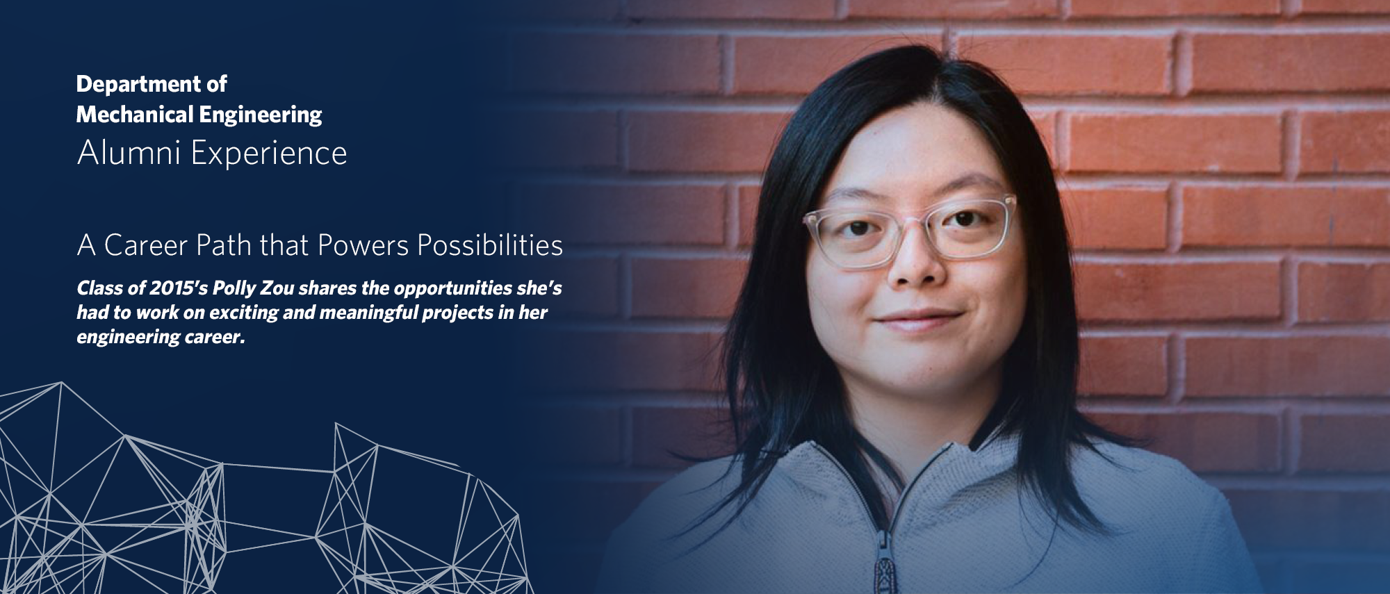 UBC Mechanical Engineering alumna Polly Zou stands in front of a brick wall, smiling at the viewer. She has mid-length black hair and wears glasses with clear frames.